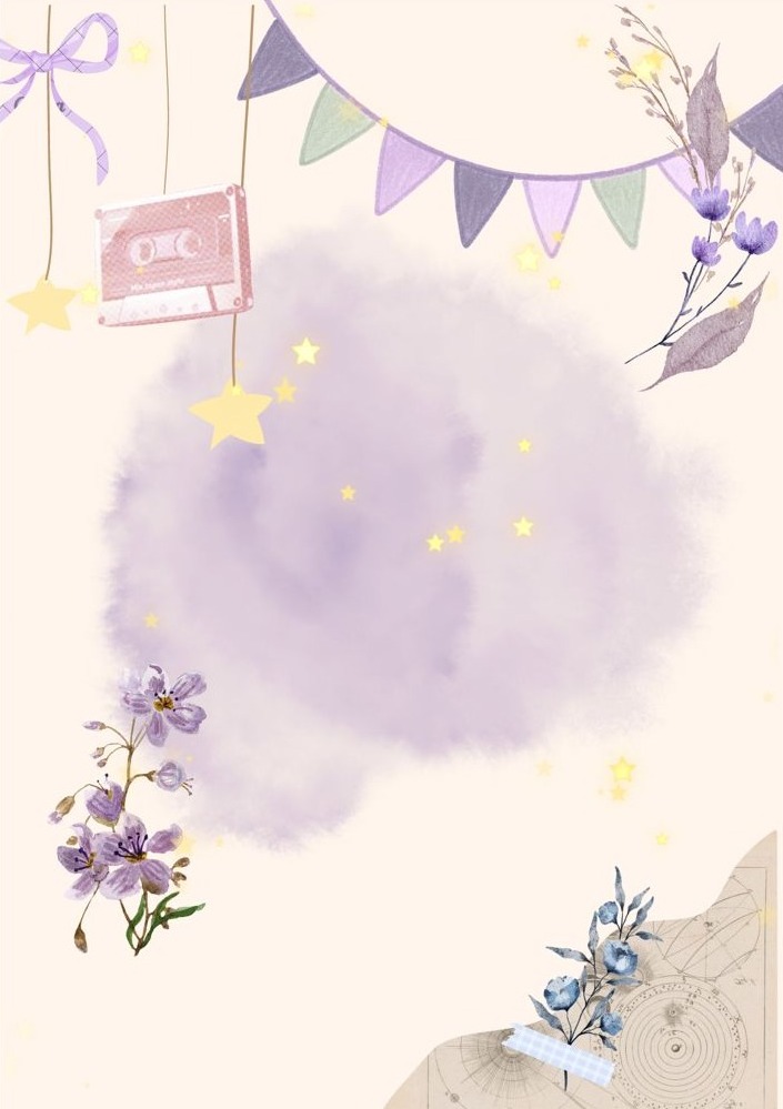 Pastel lavender watercolour collage with bunting, stars and flowers
